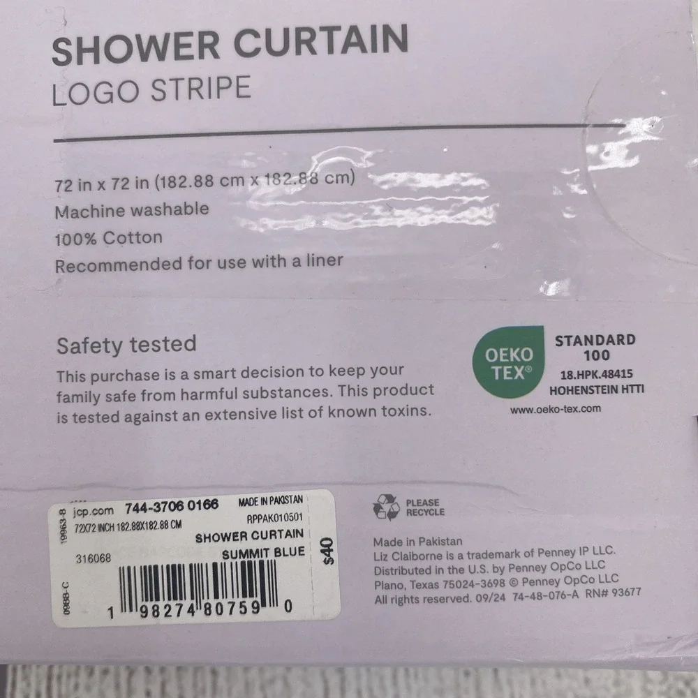 Liz Claiborne Shower Curtain White Navy Blue Logo Stripe Geometric 100% Cotton